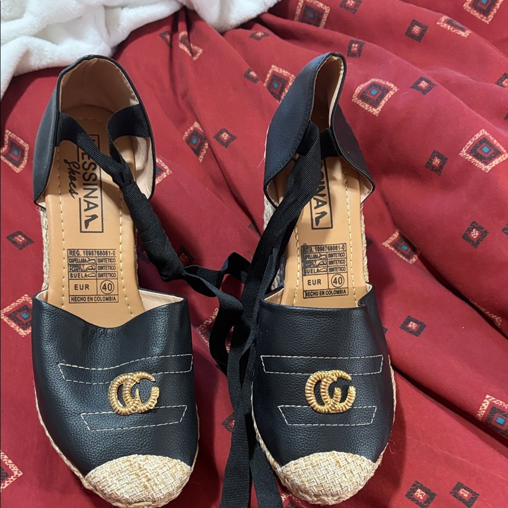 Black and Gold Espadrille Flats